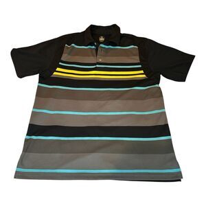 PGA Tour Pro Series Men's Large Black Gray Blue Yellow Striped Golf Polo Shirt